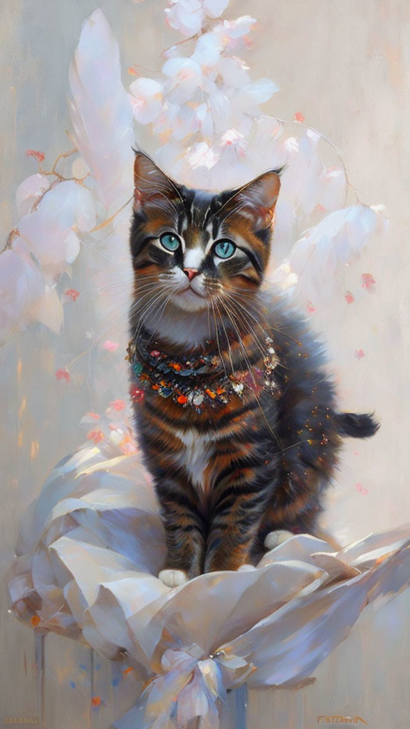Tabby Cat Painting on White Surface with Blue Eyes and Flowers