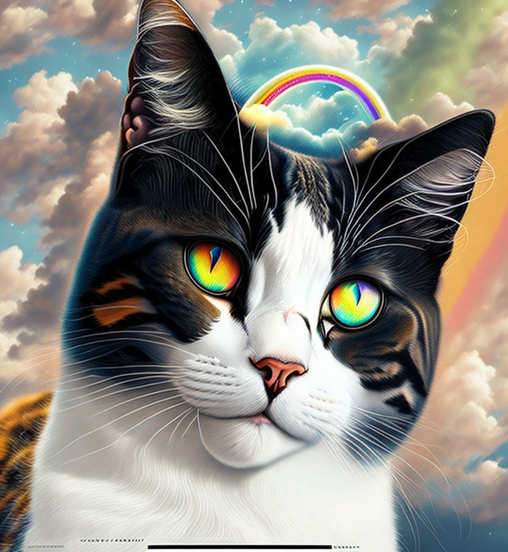 Hyper-realistic cat illustration with rainbow eyes on cloud backdrop