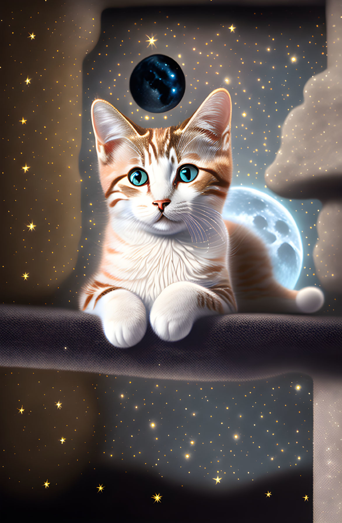 Brown and White Cat under Starry Night Sky with Moon and Planet