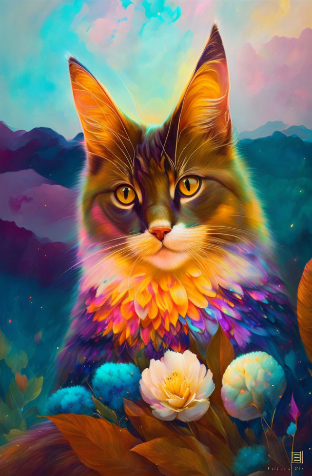 Colorful Cat Painting with Mountain Backdrop