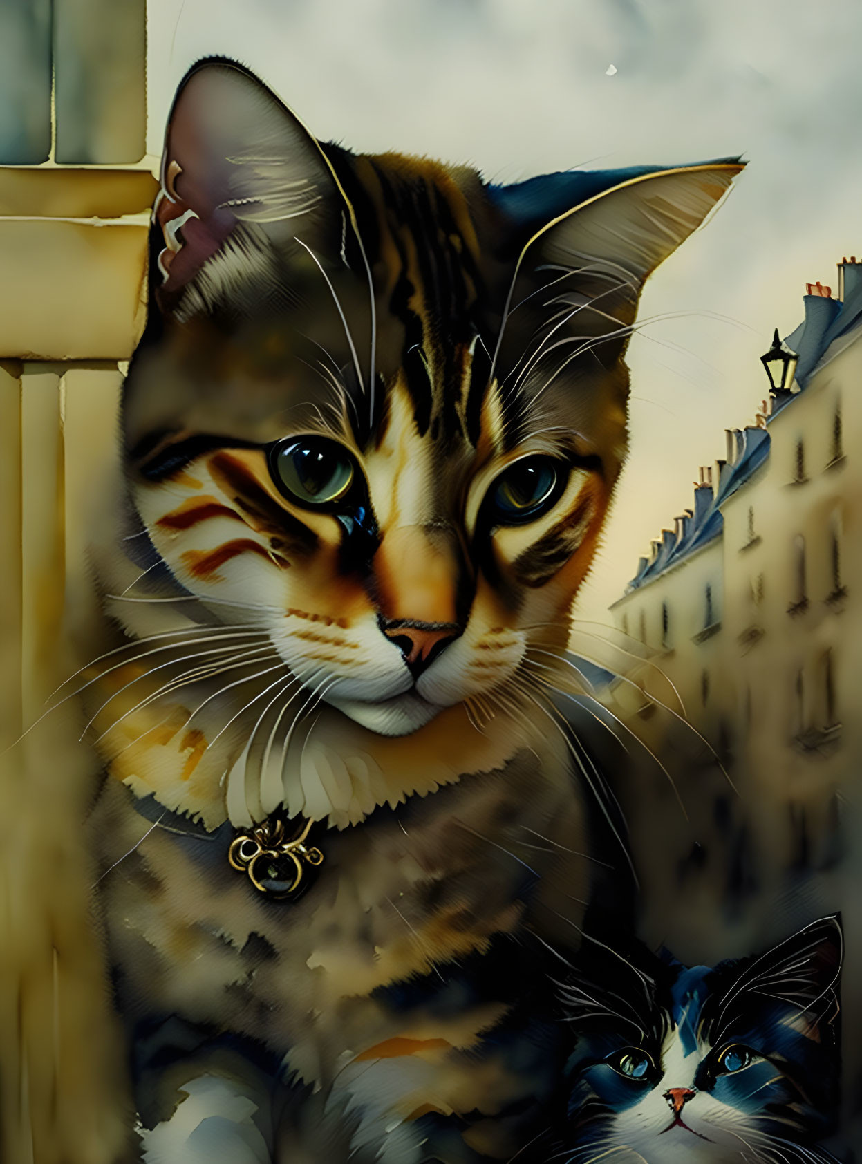 Realistic Tabby Cat Close-Up with Blue Cat in City Background