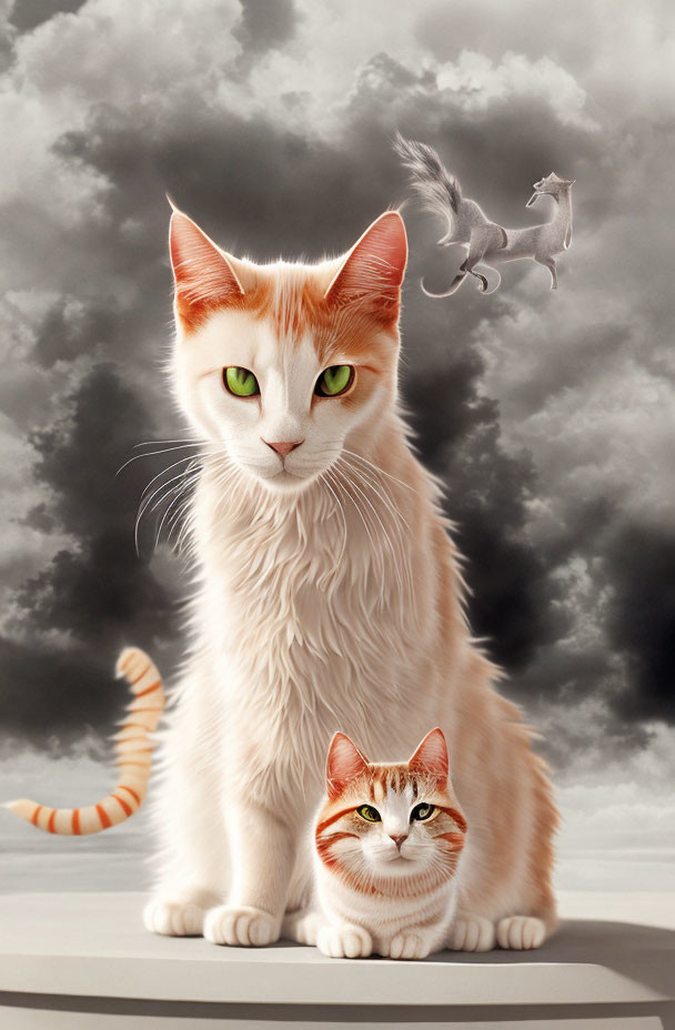 White and Orange Cat with Green Eyes Beside Smaller Version and Cloud Horse