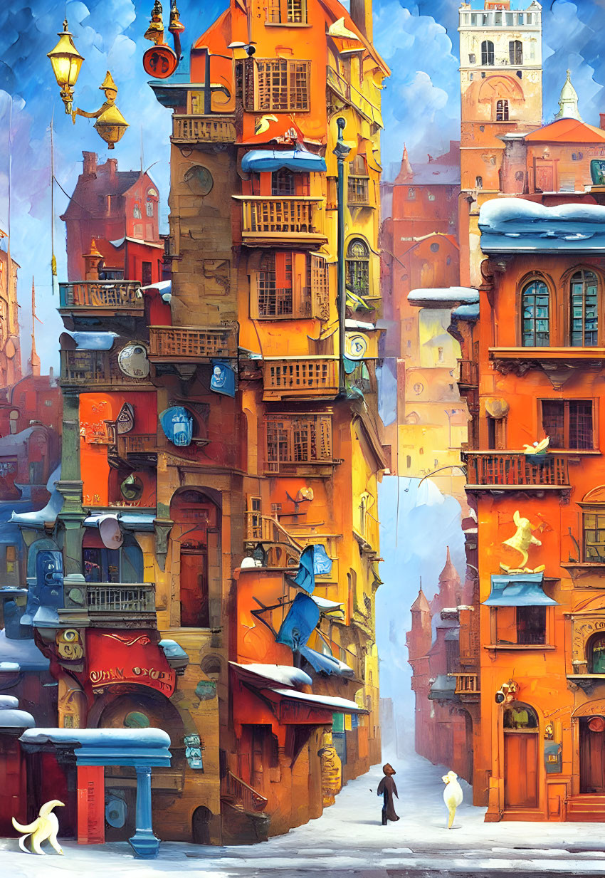 Colorful cityscape with anthropomorphic animals and floating lanterns