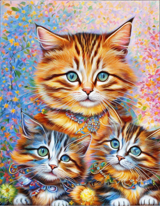 Vibrant illustration of three fluffy kittens with jeweled collars