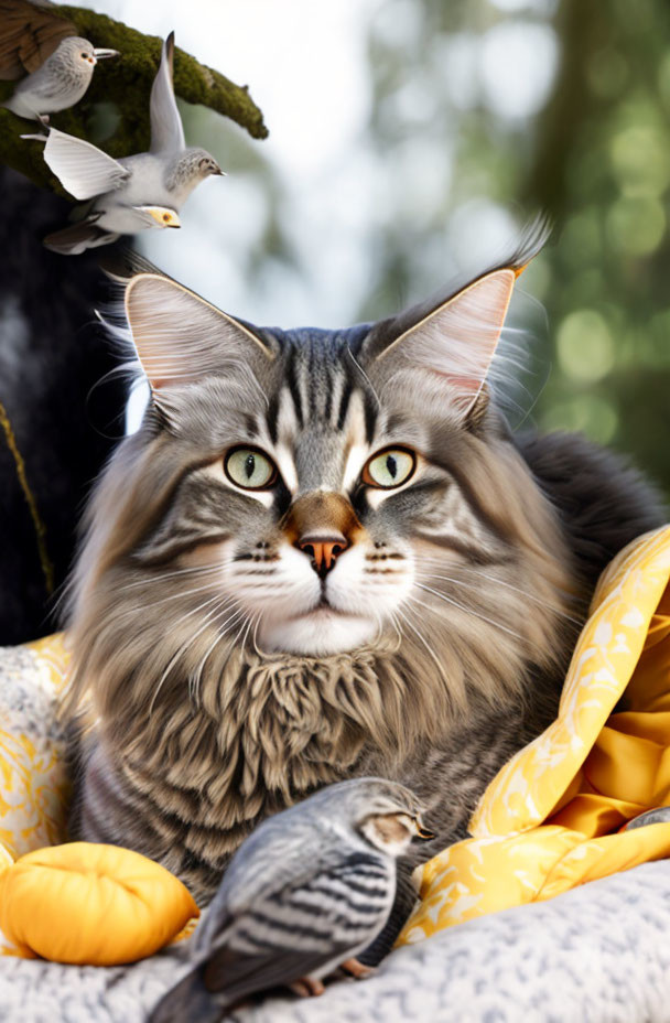 Maine Coon Cat Relaxing with Birds on Yellow Quilt
