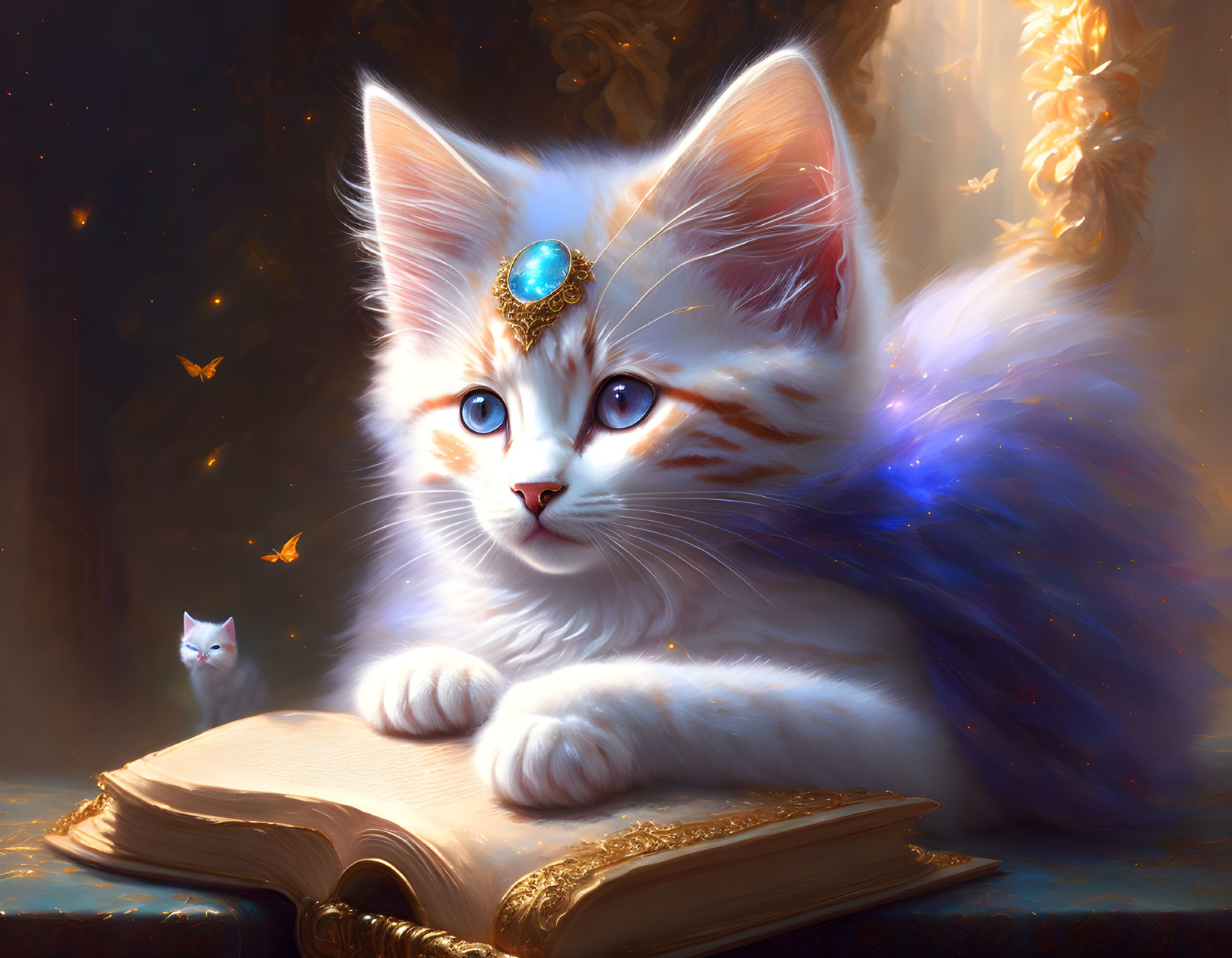 White Fluffy Cat with Blue Gem Tiara on Golden Book with Butterflies