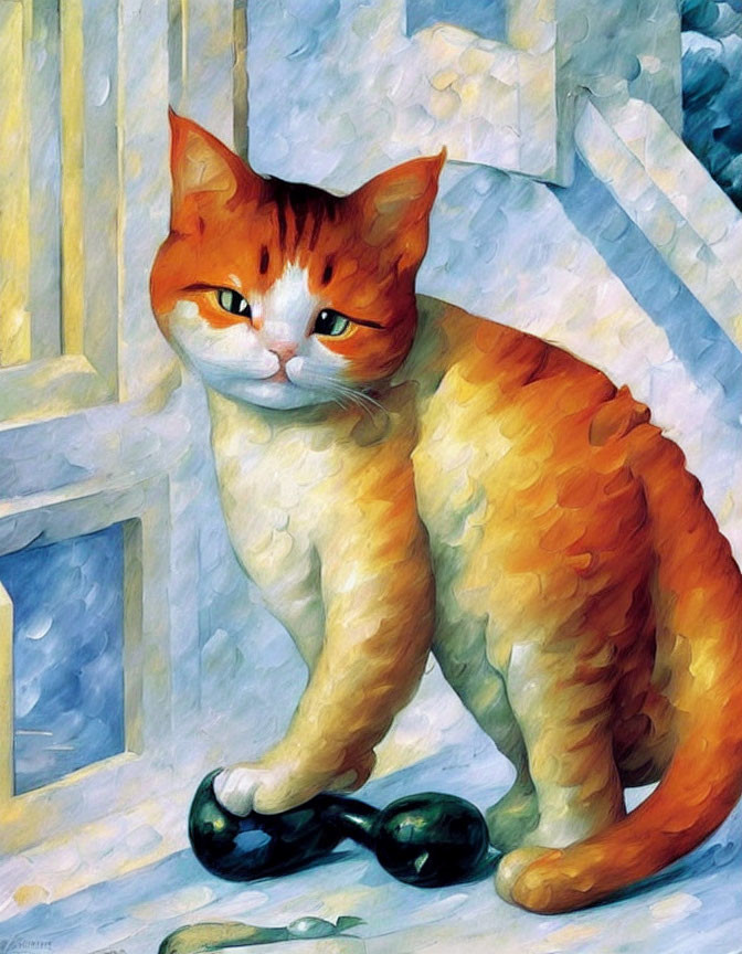 Orange and White Cat Painting with Mischievous Look and Tipped Houseplant Pot