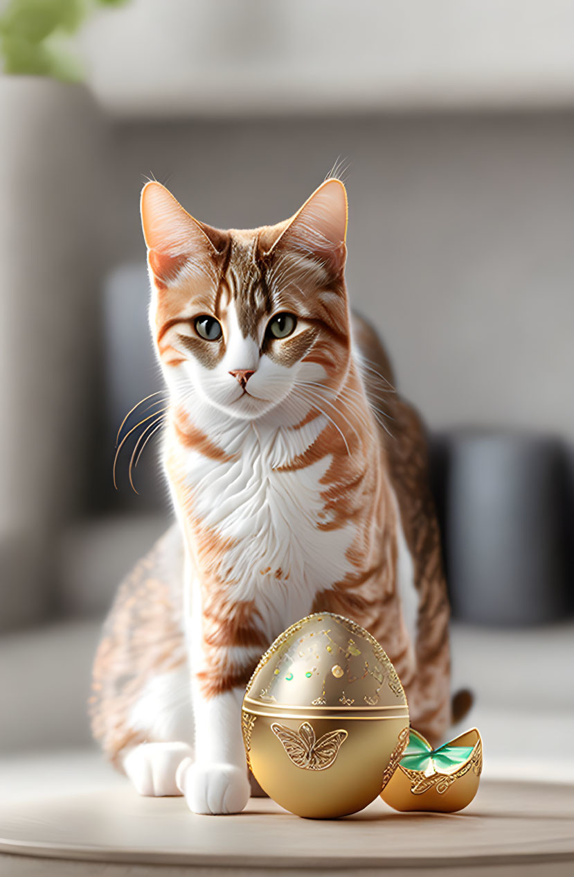 Ginger and White Cat Beside Golden Egg in Cozy Room