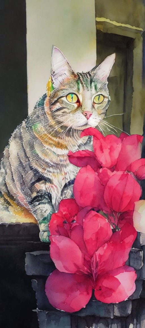 Colorful Watercolor Painting of Cat with Green Eyes and Pink Flowers