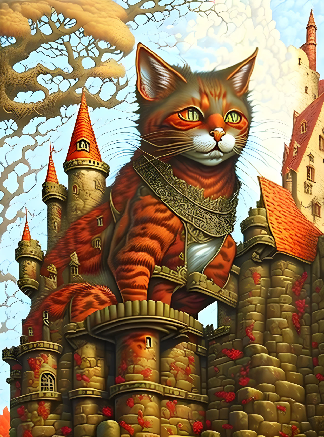 Orange Cat with Green Eyes in Front of Fairytale Castle