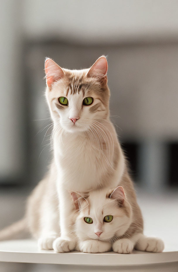 Two cats with matching coat patterns, one sitting and one lying down, gazing ahead with green eyes