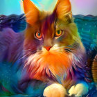 Colorful Cat Painting with Mountain Backdrop