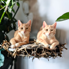 Orange Tabby Kittens Surrounded by Flowers and Leaves