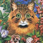 Detailed Tabby Cat Illustration with Green Eyes and Colorful Flowers