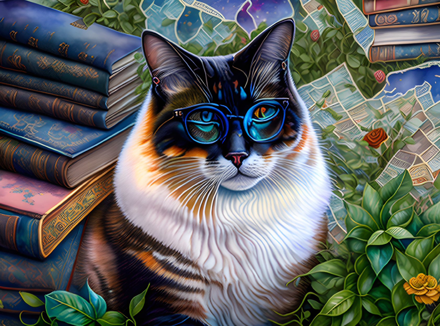 Colorful Cat Illustration with Blue Glasses, Books, Maps, and Foliage