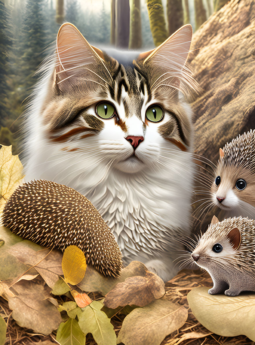 Distinctive Markings Cat with Two Hedgehogs in Autumn Woodland