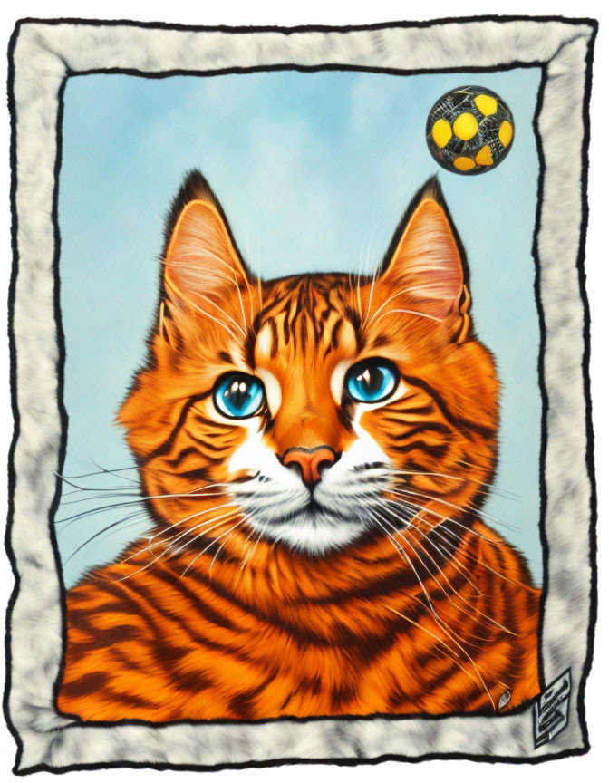 Orange Tabby Cat Illustration with Blue Eyes and Yellow Ball - White Border