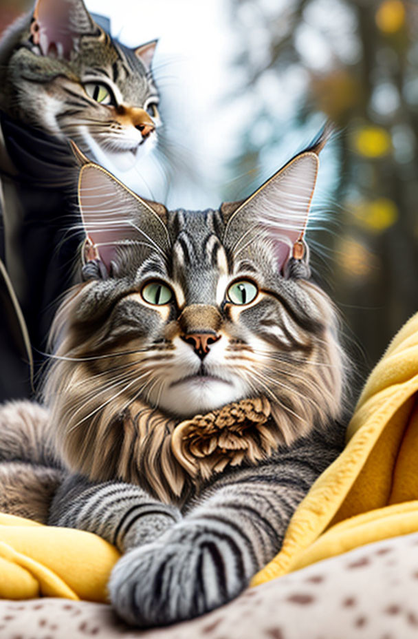 Majestic tabby cats with striking fur patterns and green eyes sitting attentively