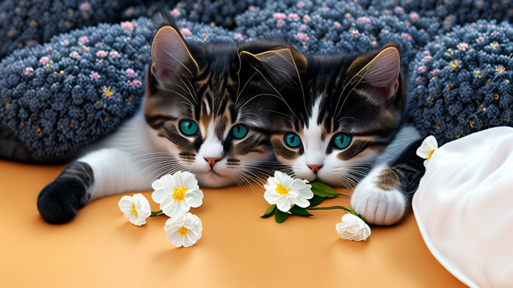 Two Cats with Striking Blue Eyes on Orange Surface