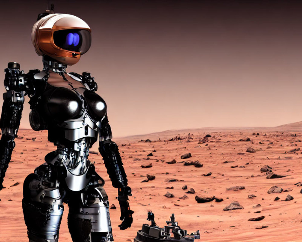 Sleek black-and-silver humanoid robot on Martian surface with purple visor