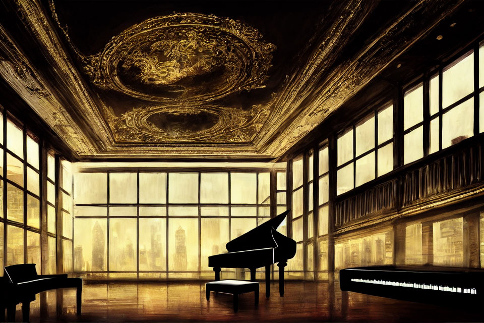 Luxurious Room with Grand Piano, Golden Ceiling, City View, Ambient Light, and Wood Walls