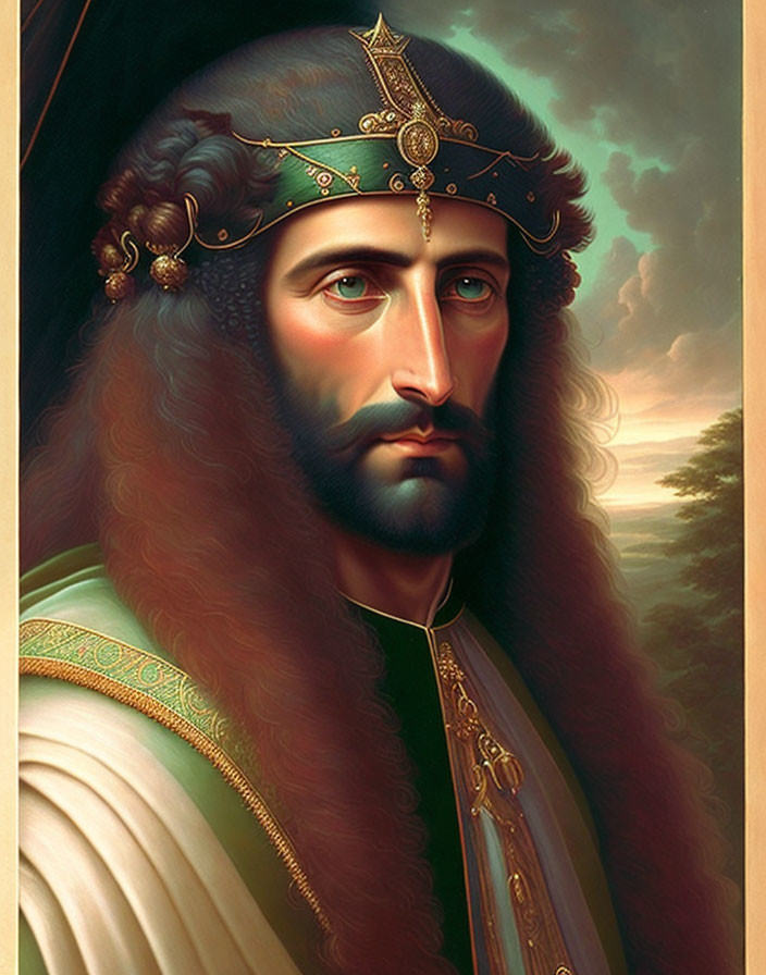 Regal man in historical clothing with green robe and ornate crown