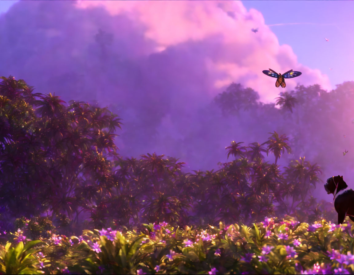 Vibrant butterfly above colorful field with misty forests and purple sky