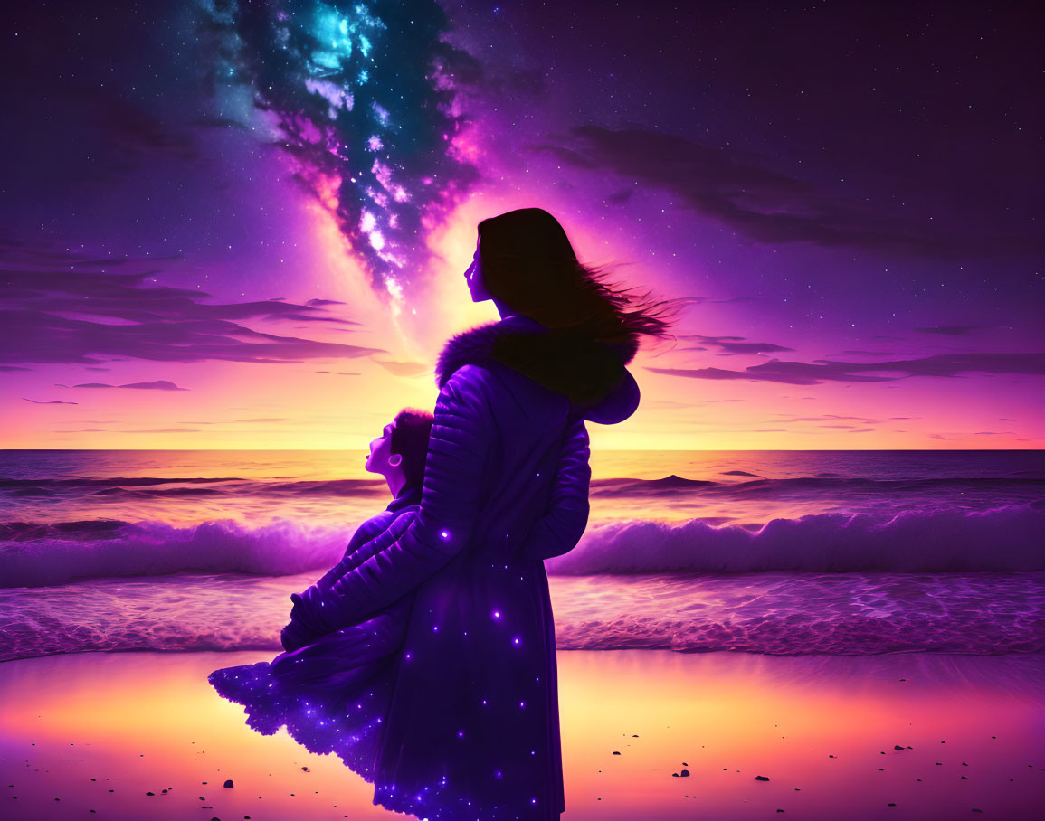 Person's silhouette on beach at twilight with purple-pink sky, stars, galaxy, and gentle waves