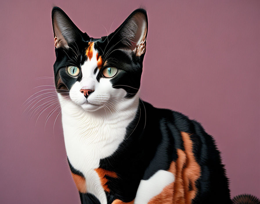 Colorful Calico Cat with Black, Orange, and White Fur on Pink Background