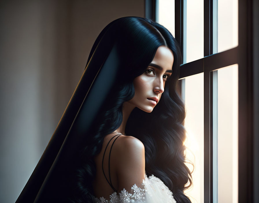 Dark-haired woman in veil gazes out window in illuminated room