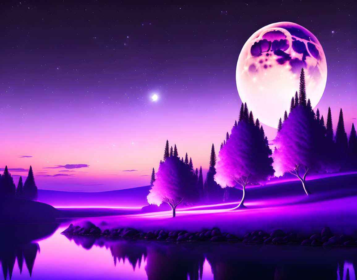 Purple Night Landscape with Full Moon, Pine Trees, and Reflective Lake