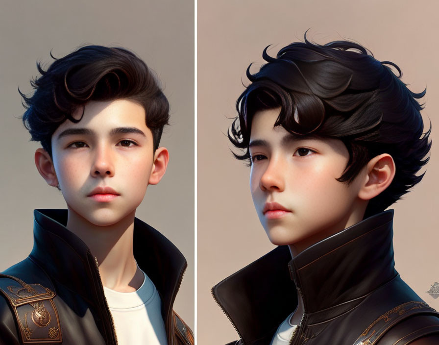 Side-by-side comparison of stylized portraits featuring a young person with voluminous dark hair in a detailed