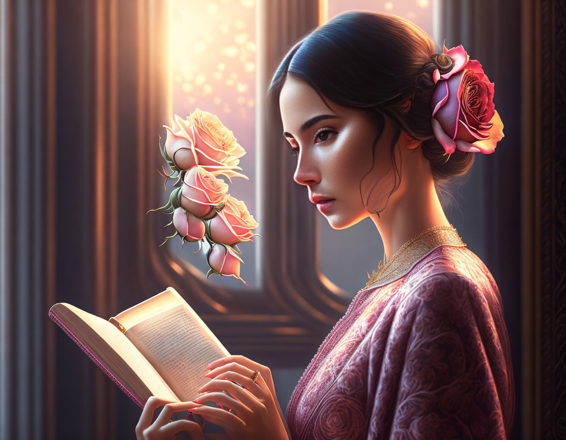 Woman reading book with flower in hair by window with roses and sunlight.