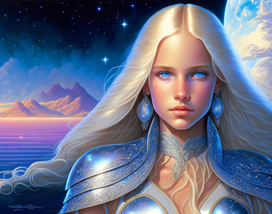 Digital artwork featuring woman in silver armor with blue eyes and cosmic background