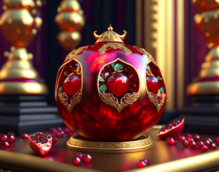 Exquisite Red and Gold Pomegranate Jewel Box on Dark Background