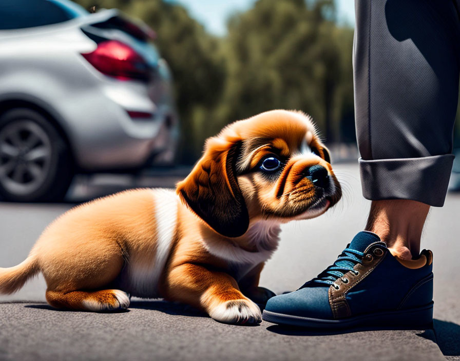 Brown and White Fur Puppy Resting Next to Person's Leg on Sunlit Street