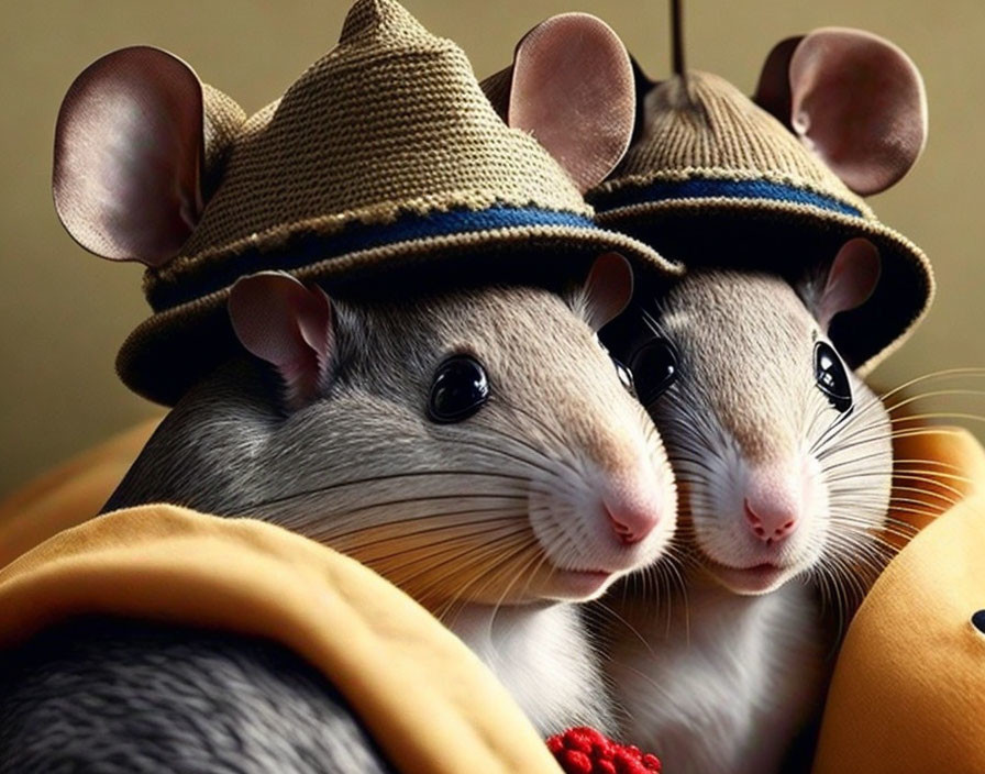 Adorable animated mice in detective attire on soft focus background