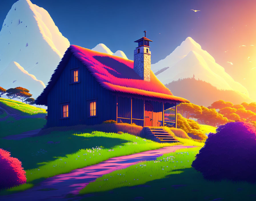 Digital art of cozy cottage with lighthouse in lush setting