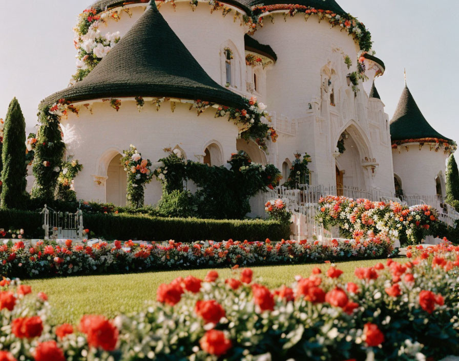 White Castle with Cone-Shaped Roofs and Red Roses in Manicured Lawns