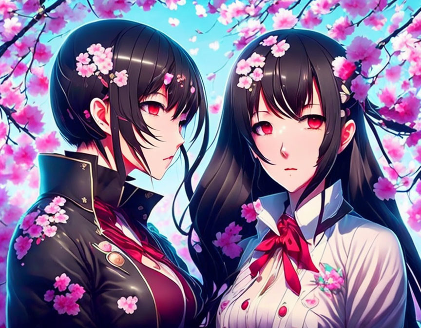 Dark-haired anime-style girls with cherry blossoms in vibrant pink backdrop