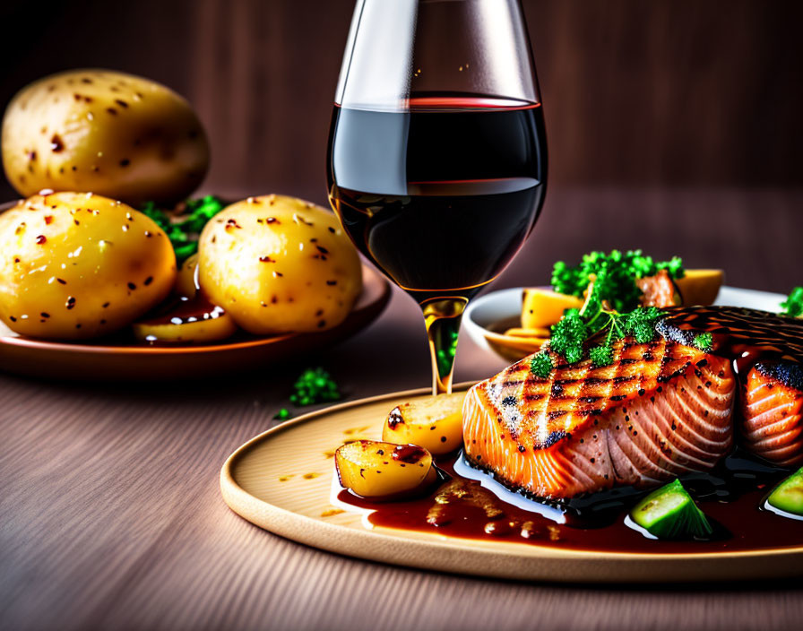 Grilled Salmon Fillet with Herbs and Baby Potatoes on Wooden Table