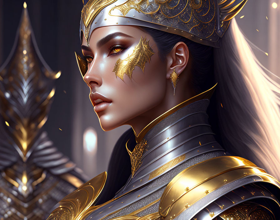 Digital artwork of woman in golden armor with detailed helmet & gold leaf designs