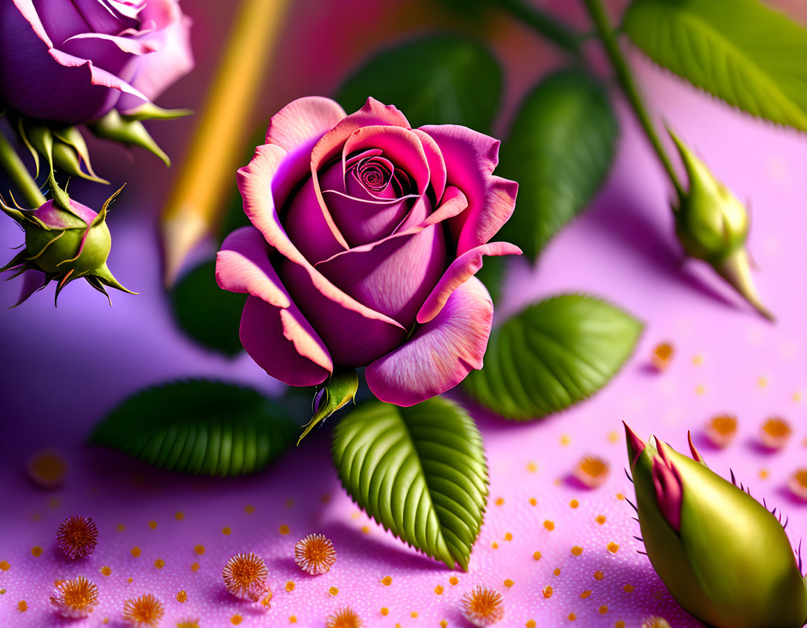 Vibrant pink rose, pencil, scattered petals on purple background