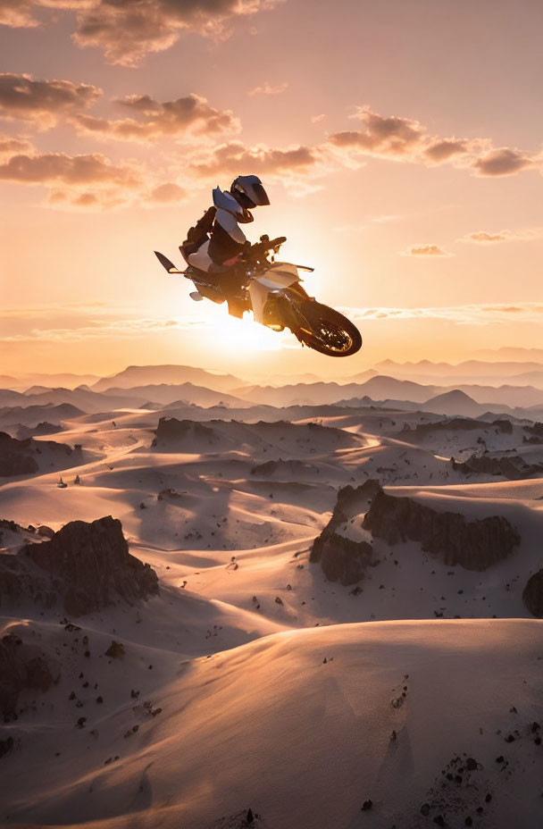 Motorcyclist Jumping Desert Dunes at Sunset