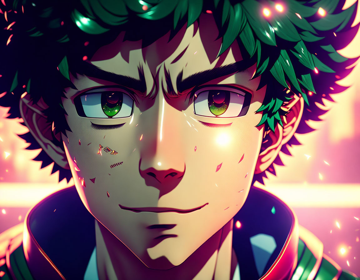 Anime-style male character with green spiky hair and bright green eyes under neon lights.