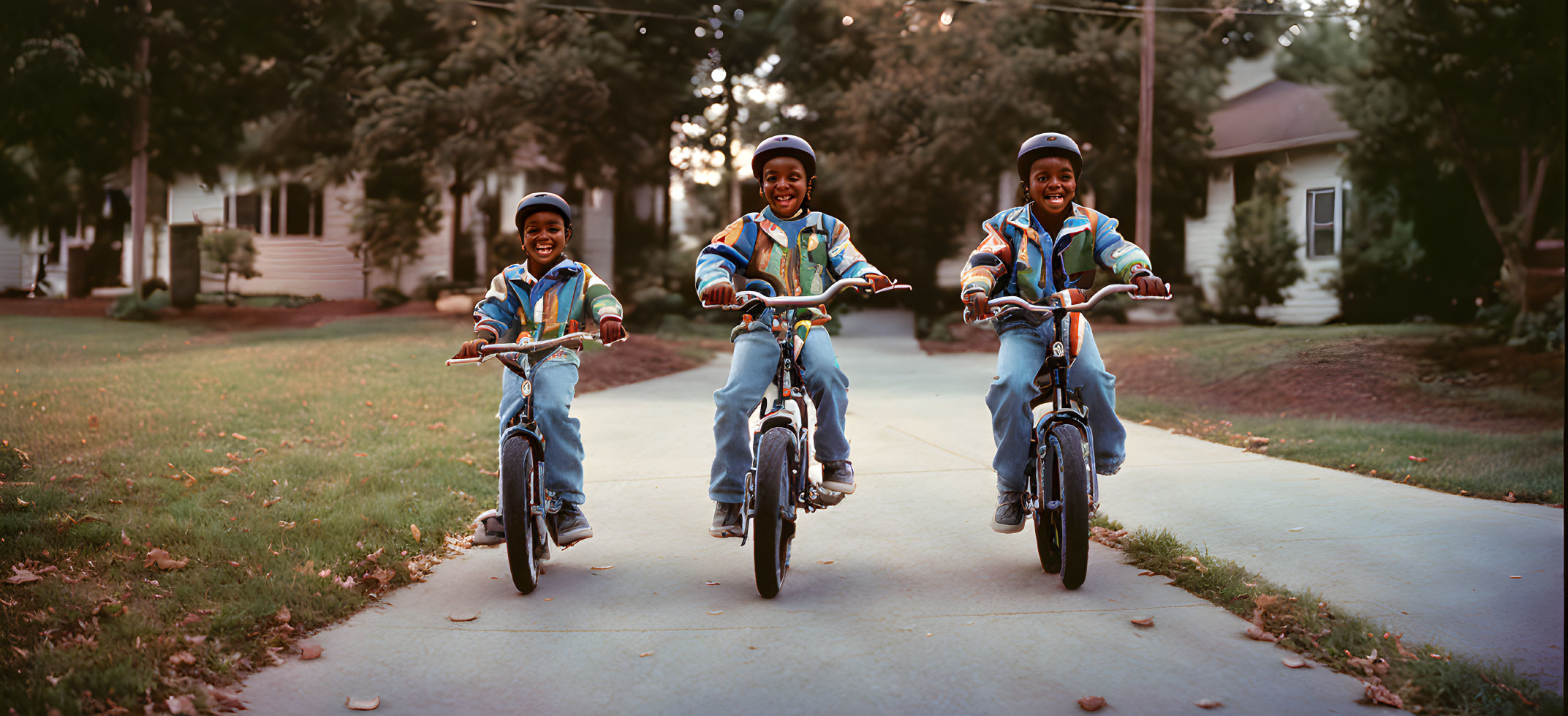 Children happily biking in residential area