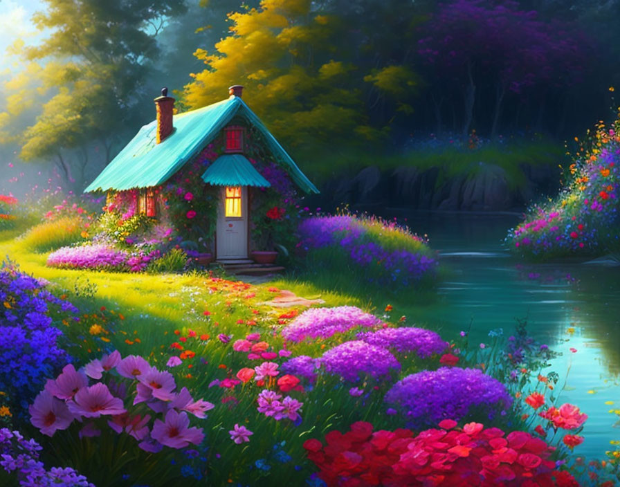 Quaint cottage with teal roof surrounded by vibrant flowers near serene river