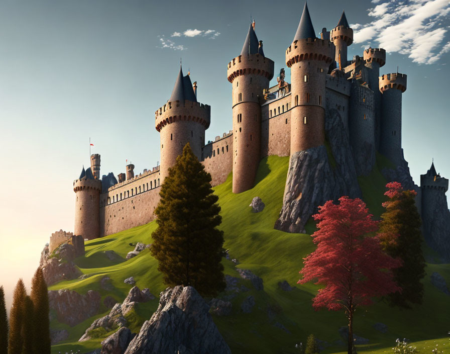 Majestic castle with multiple towers on lush green hill at sunrise or sunset