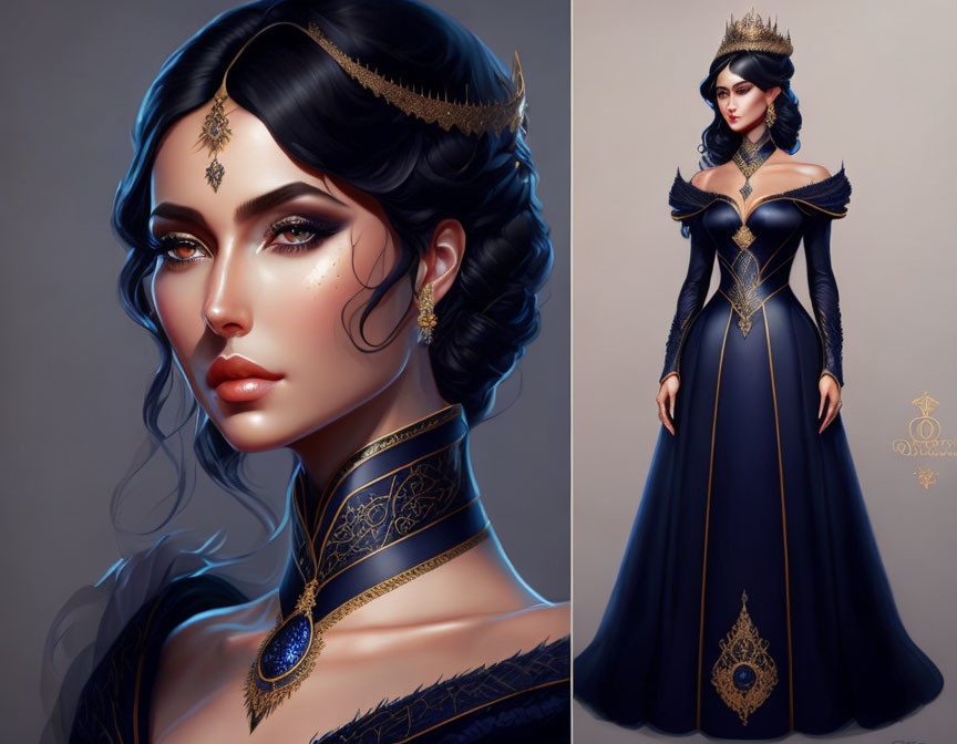 Digital artwork: Woman with dark hair, gold jewelry, blue gown & headdress