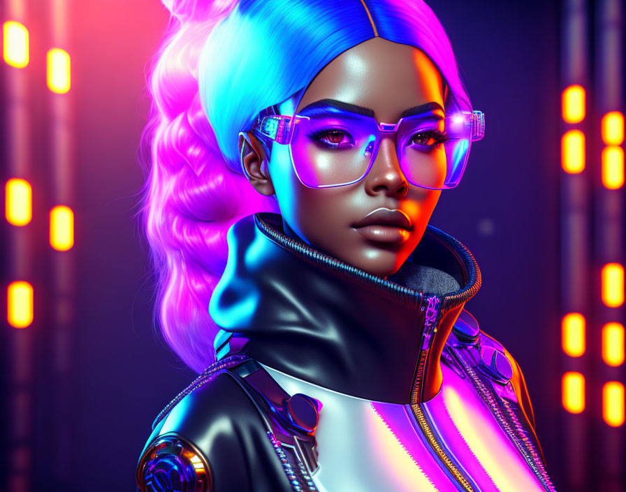 Futuristic woman with blue hair and violet glasses in neon-lit setting